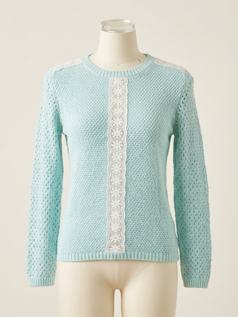 Architect Light Blue Open Knit Crochet Lace Panel Sweater Long Sleeve Size Large